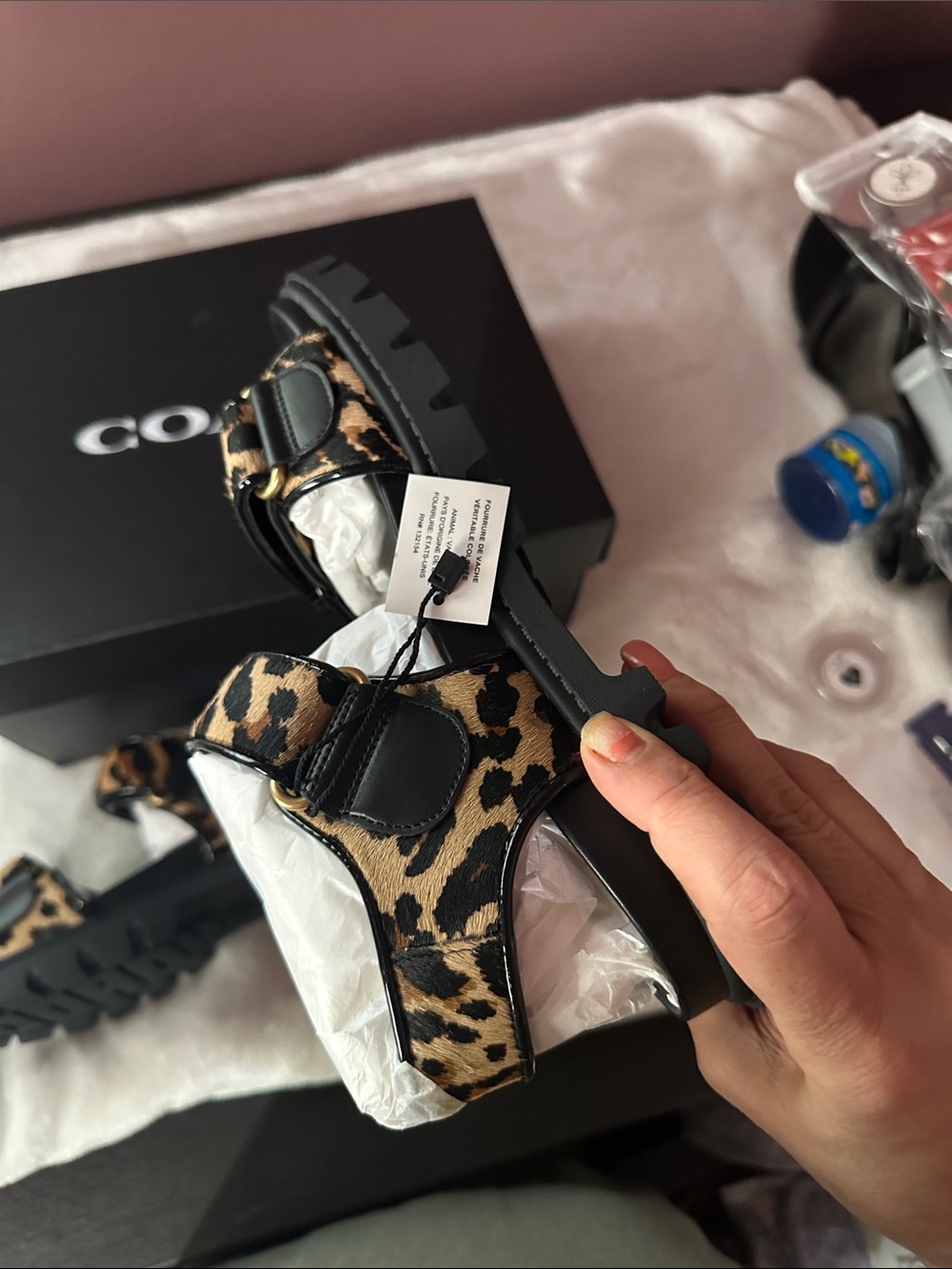 Coach Leopard-Print Slide Sandals in Black and Tan - Picture 9 of 13